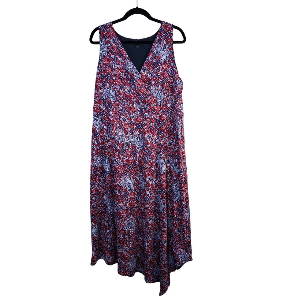 Relativity Geo Print Asymmetrical Midi Dress Sleeveless V-Neck Red Blue Boho 1X